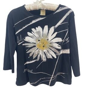 Y2K Graphic Top Womens PS Black Daisy 3/4 Sleeve Cotton Artsy Indie Boho Phoebe